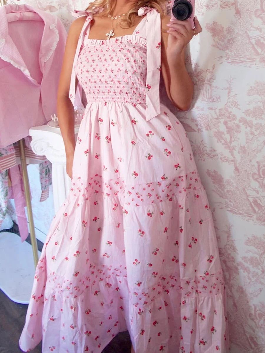 Elegant V-Neck Maxi Dress Sleeveless Floral Print Tie-Up Dress for Summer Beach Wedding Party or Daily Wear - The Kings Lots