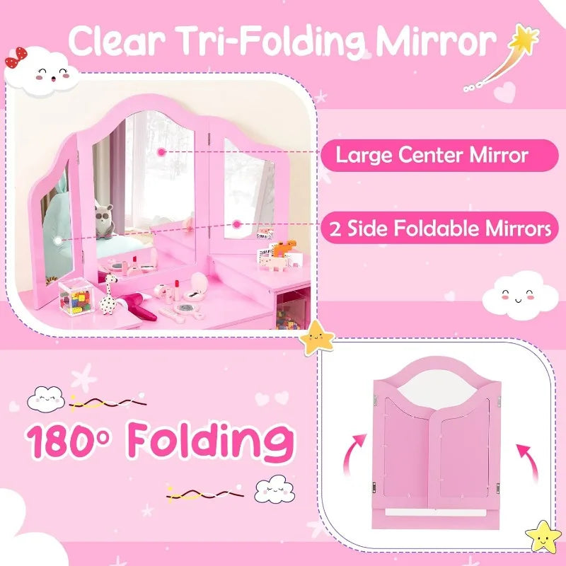 Kids 2-in-1 Princess Makeup Desk & Chair with Detachable Mirror, Shelves, Pretend Play Dressing Table for Girls (Pink) - The Kings Lots