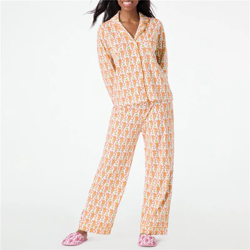 Roller Rabbit Monkey Pajamas Preppy Pjs Cute Pj Pants Sets For Women Y2k Long Sleeve Pajamas Set 2 Piece Loungewear - The Kings Lots