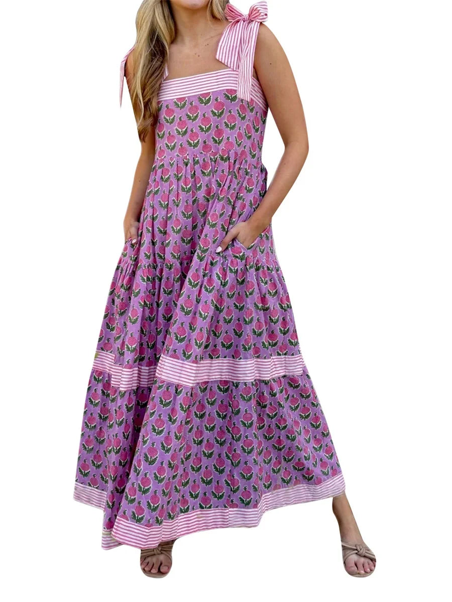 Elegant Maxi Dress with Boho Floral Print and Tie-Up Straps