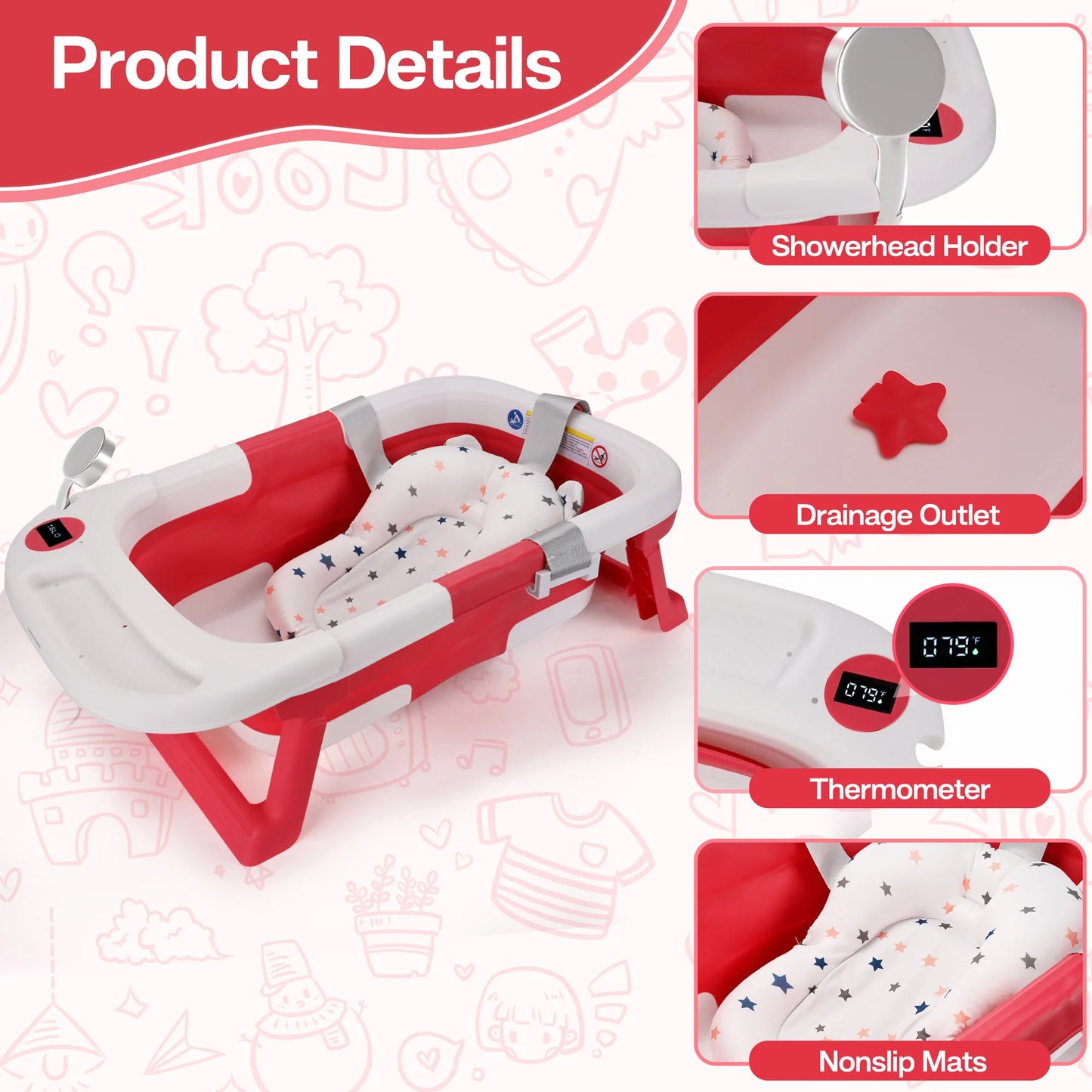 Baby Bathtub With Soft Cushion & Thermometer For Newborns - The Kings Lots