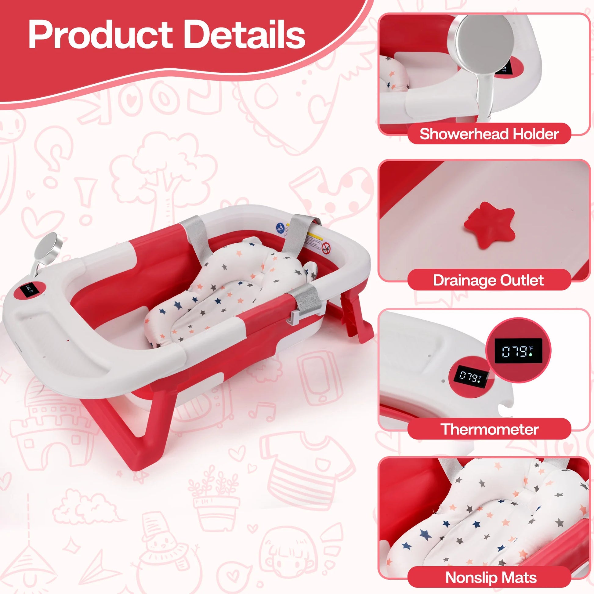 Baby Bathtub With Soft Cushion & Thermometer For Newborns - The Kings Lots