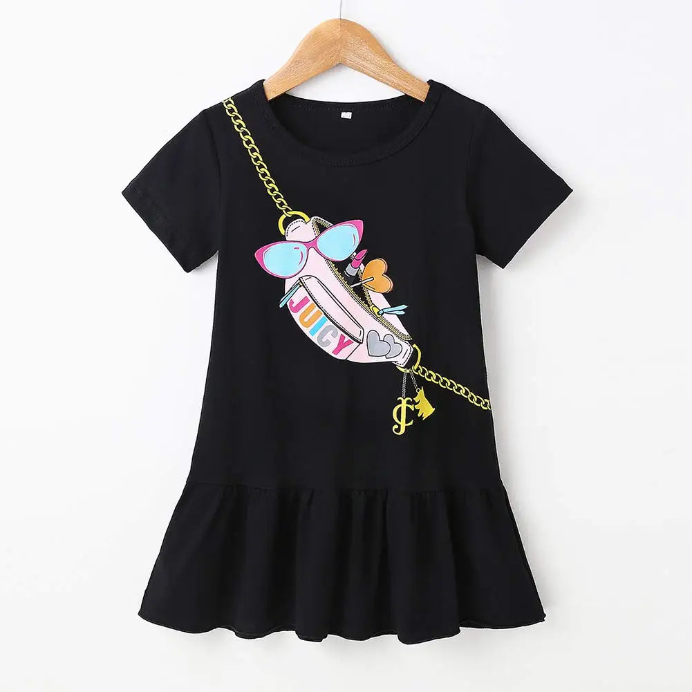 Baby Girl Casual Dress Cotton Short Sleeves Ruffled T-Shirt Dresses with Cute Pattern Black Summer Girl Dress - The Kings Lots