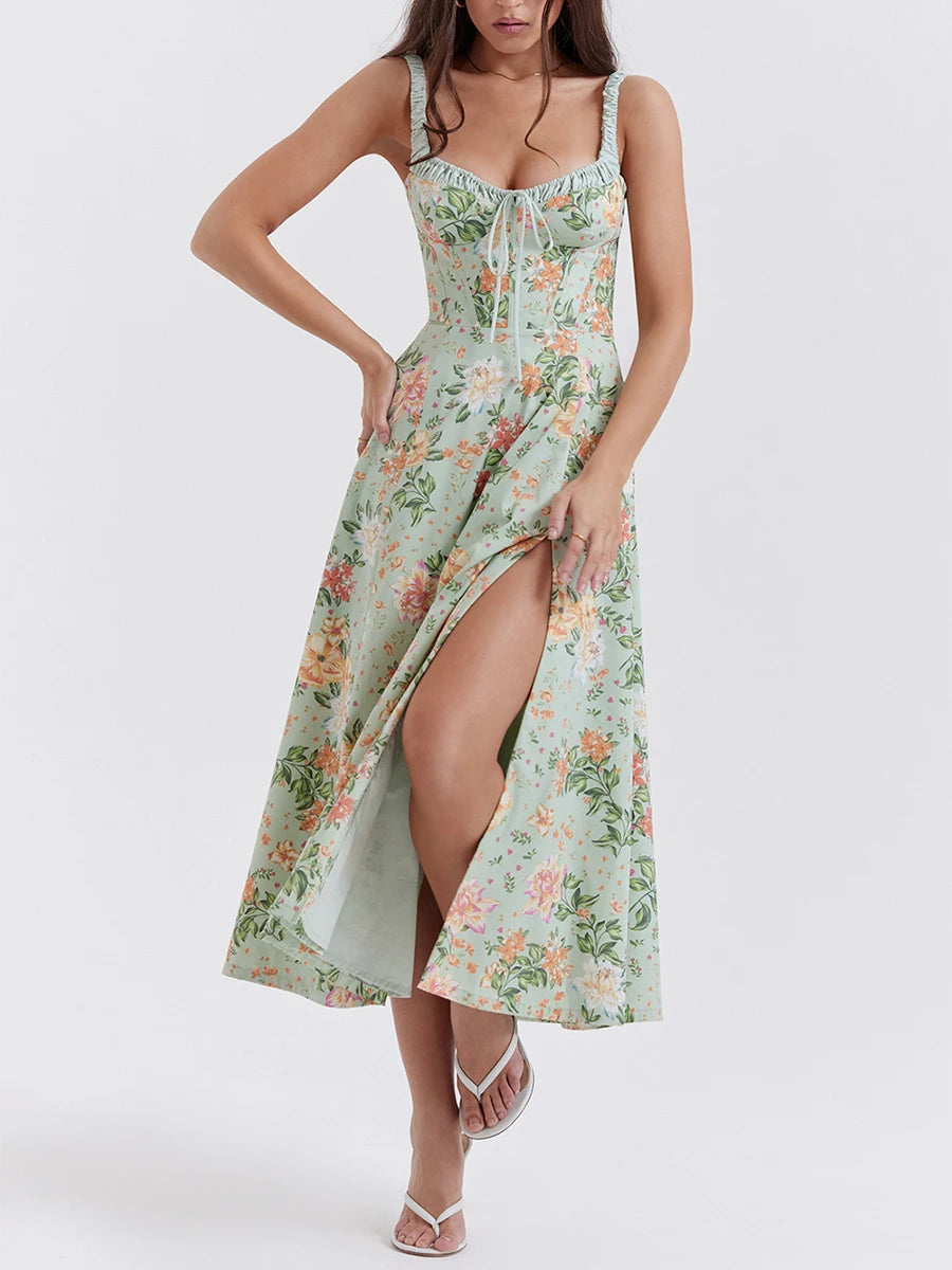 Women Summer Casual Midi Dress Floral Print Low-Cut Sling