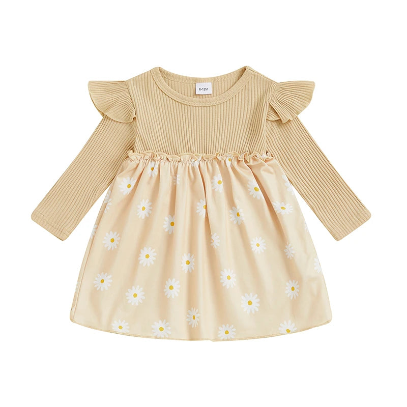 Kids Girls Casual Dress Long Sleeve Dress Crew Neck Flower Print Fall Dress for Daily - The Kings Lots