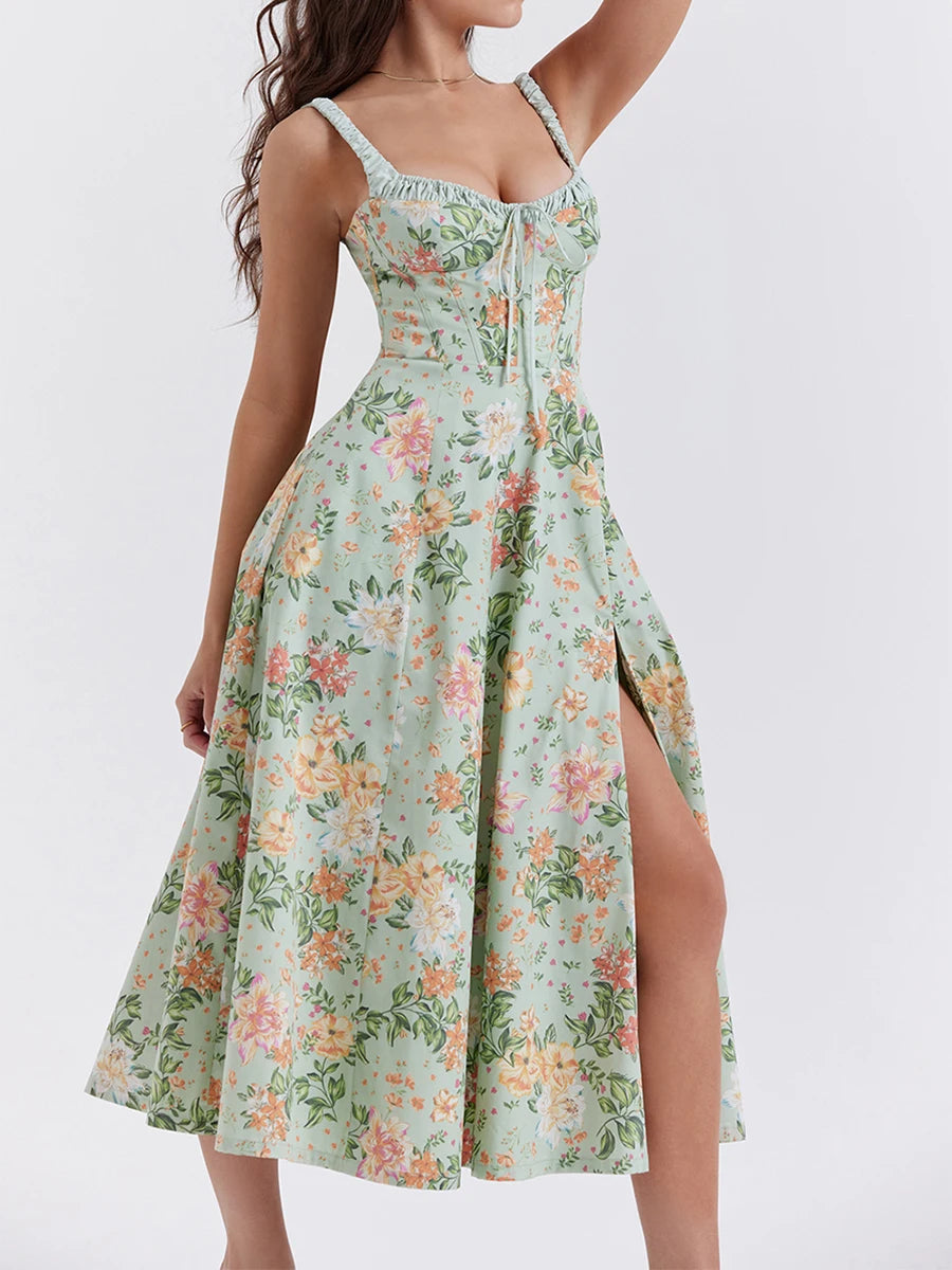 Women Summer Casual Midi Dress Floral Print Low-Cut Sling