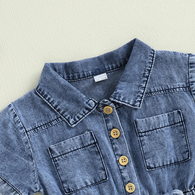 Girls Denim Overall Dress with Ruffle Sleeves A-Line Skirt - The Kings Lots