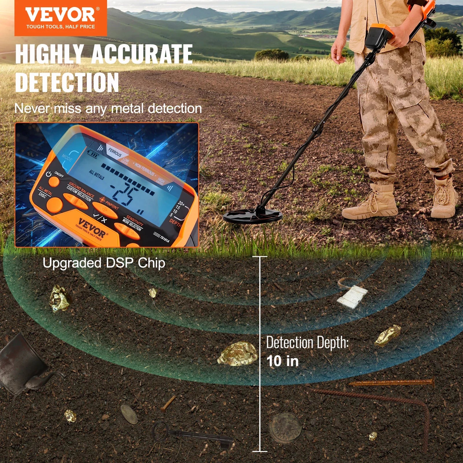 VEVOR Metal Detector for Adults & Kids 10Inch Waterproof Coil - The Kings Lots
