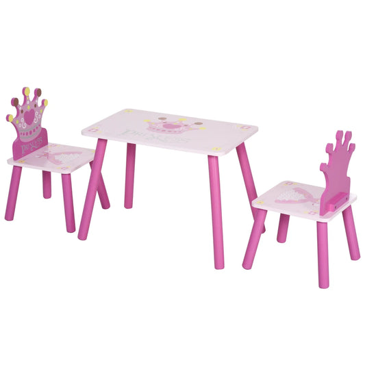 3-Piece Kids Wooden Table and Chair Set with Crown Pattern Gift for Girls Toddlers Arts Reading Writing Age 2-4 Years Pink - The Kings Lots