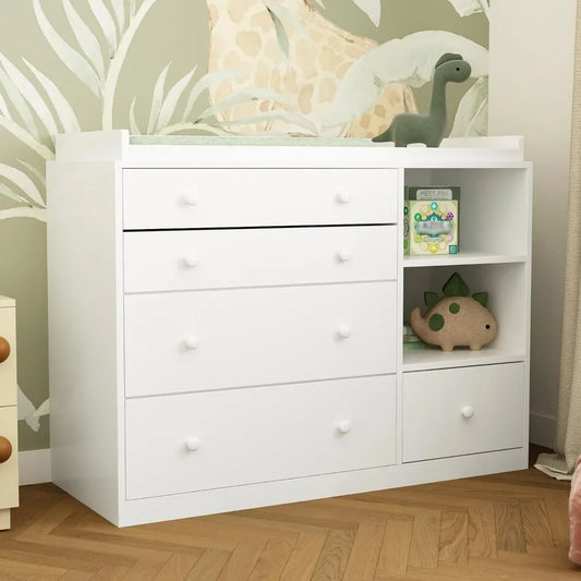 Changing Table Dresser, Baby Dresser with 5 Drawers and 2 Shelves,Multi-Functional Baby Changing Table,Classic Nursery Dresser - The Kings Lots