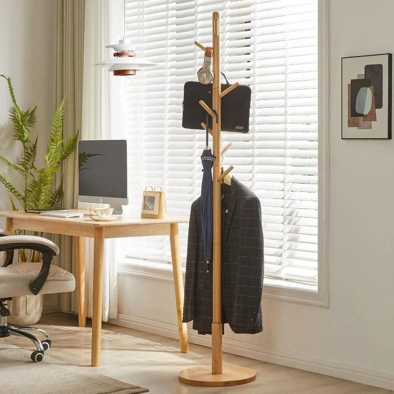 Wooden Coat Rack, Free Standing Coat Stand with 8 Hooks and 3 Height Options, Sturdy Kids Coat Tree Easy to Assemble - The Kings Lots