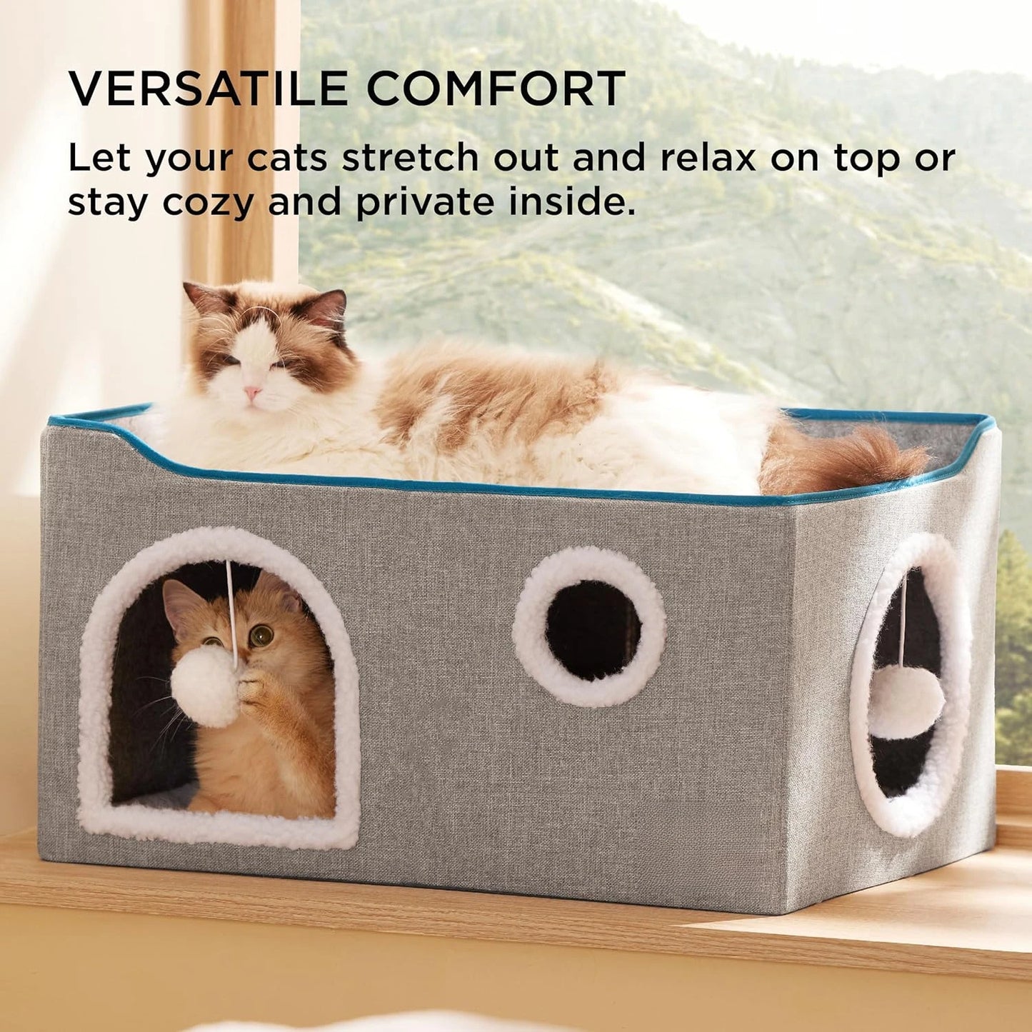 Wide Cat House for Indoor Cats - Large Cat Cave with Scratch Pad - The Kings Lots