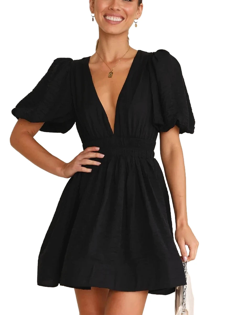 Women Summer Casual A-line Dress Solid Color Deep V-Neck