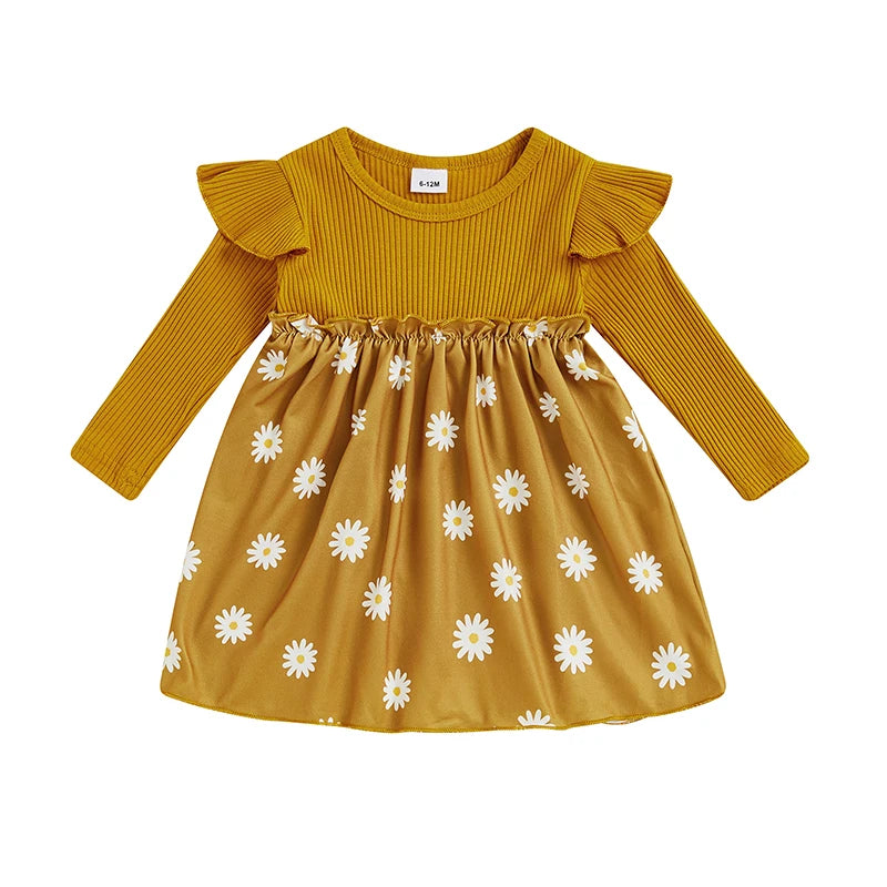 Kids Girls Casual Dress Long Sleeve Dress Crew Neck Flower Print Fall Dress for Daily - The Kings Lots
