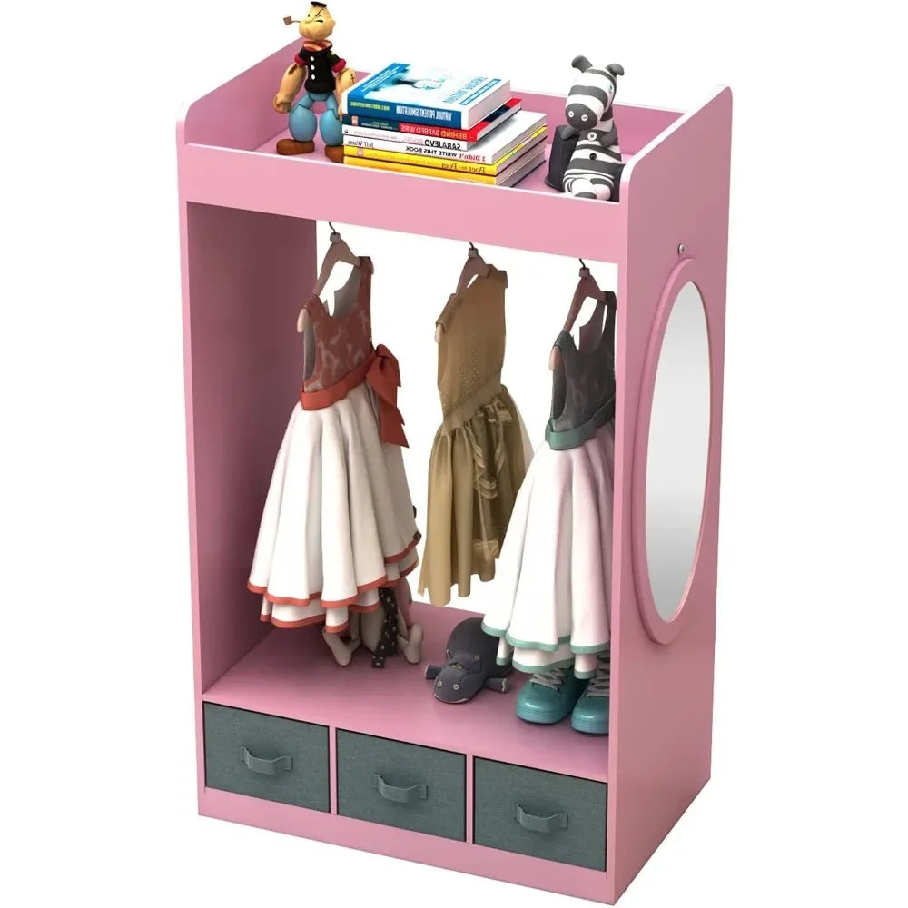 Children's Wardrobes , Dress up Storage with Mirror and Storage Bin,Kids Play Armoire Dresser with Mirror,Kids Costume Organizer - The Kings Lots