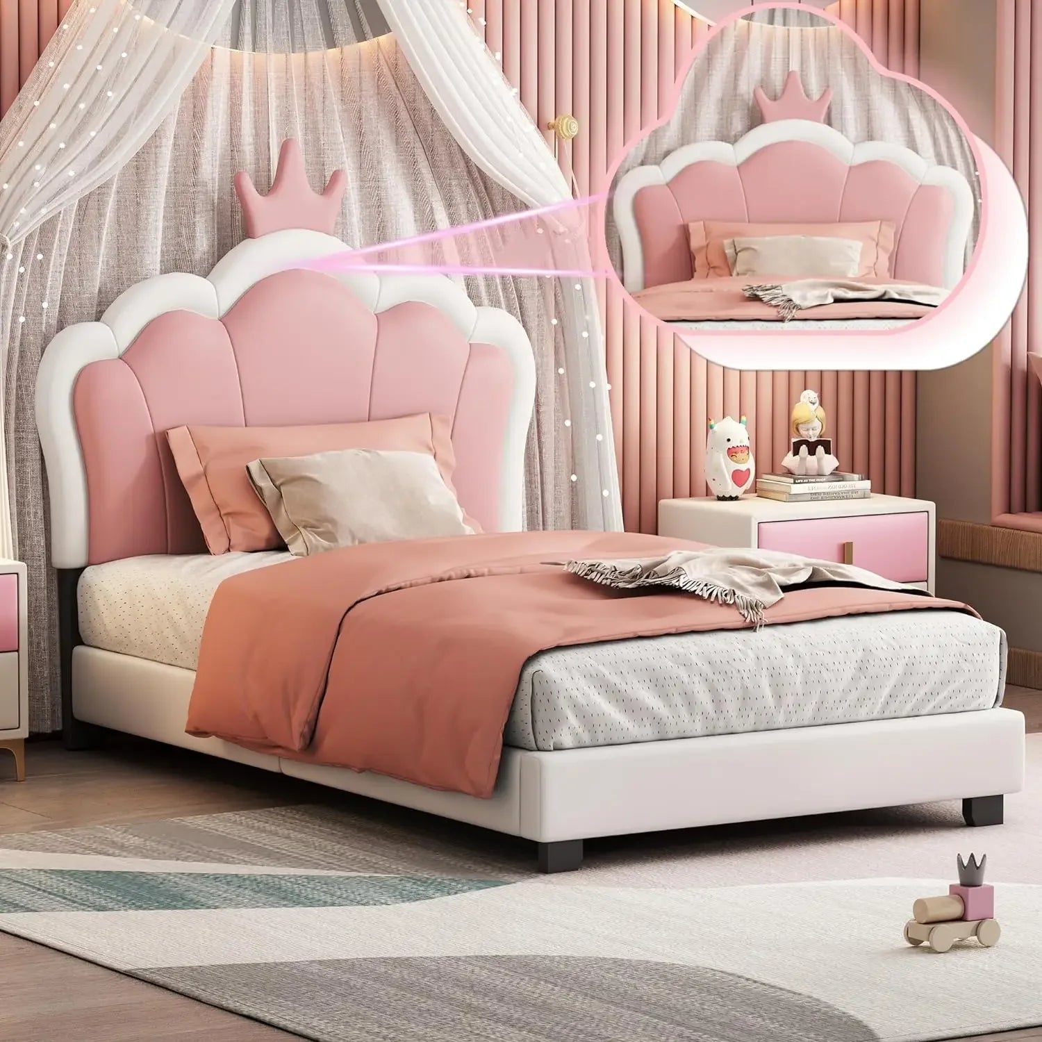 Full Size Upholstered Princess Bed with Crown Headboard, Full Size Platform Bed with Headboard and Footboard Suitable for girls - The Kings Lots