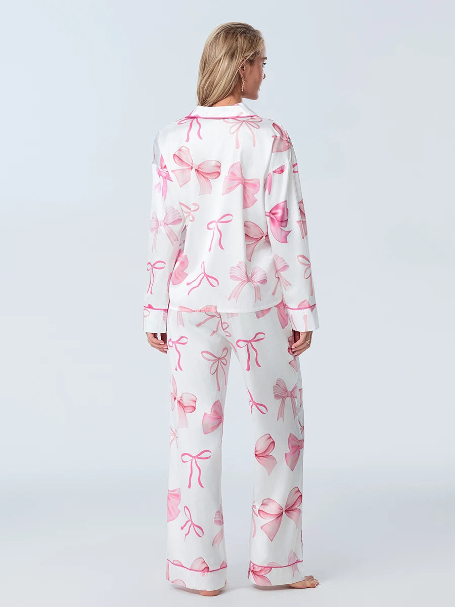 Women S Fall Loungewear Set Bow Print Long Sleeve Shirt Pants