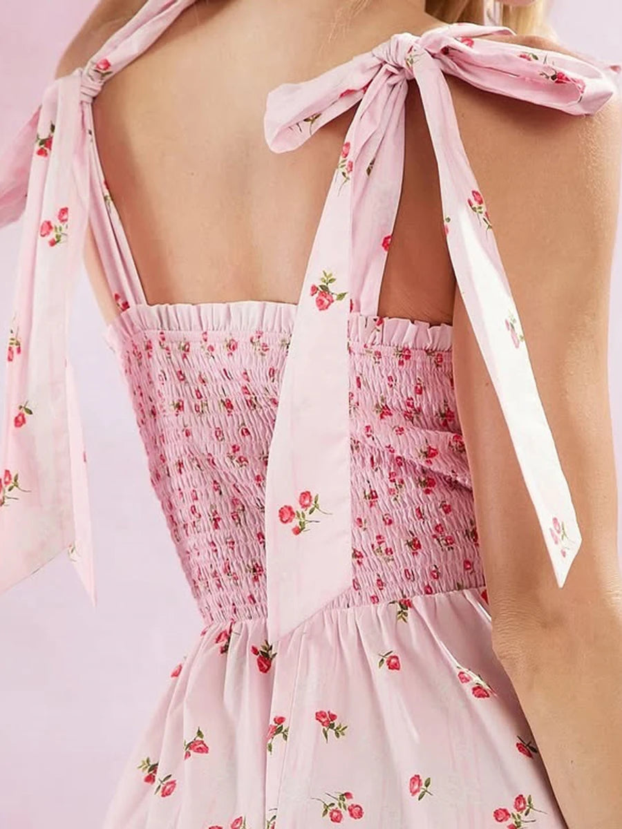 Elegant V-Neck Maxi Dress Sleeveless Floral Print Tie-Up Dress for Summer Beach Wedding Party or Daily Wear - The Kings Lots