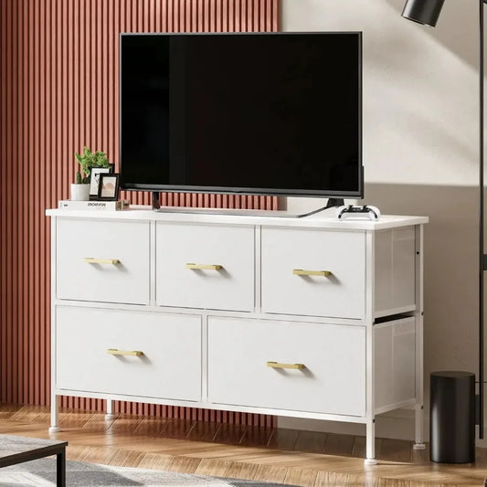 Bedroom 5 Drawer Dresser, White Dresser with Fabric Drawer, Drawer Cabinet PU Finish, Metal Handle, Closet Kids Room, White - The Kings Lots