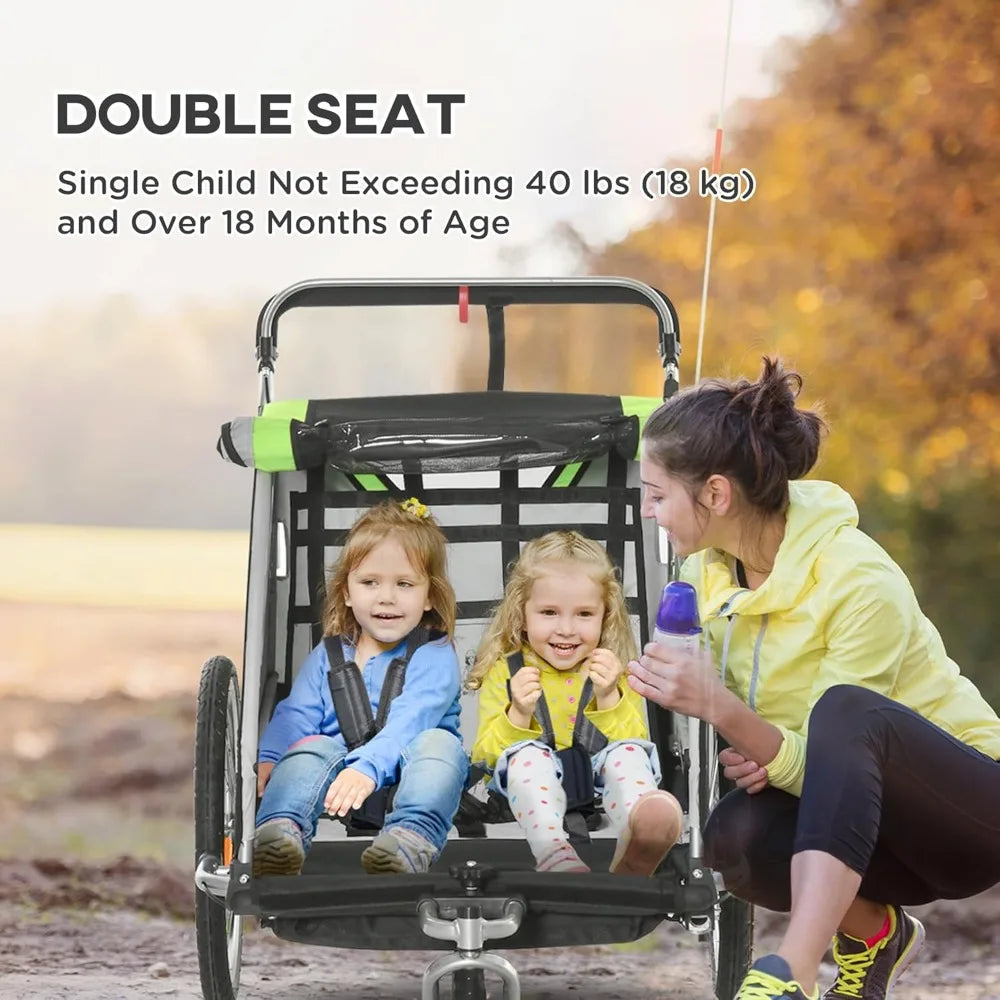 2-in-1 Walk/Ride Child Baby Bike Trailer for Kids 2 Seater, High-Visibility Bike Stroller for Toddler Wagon, Weather-Strong Dou