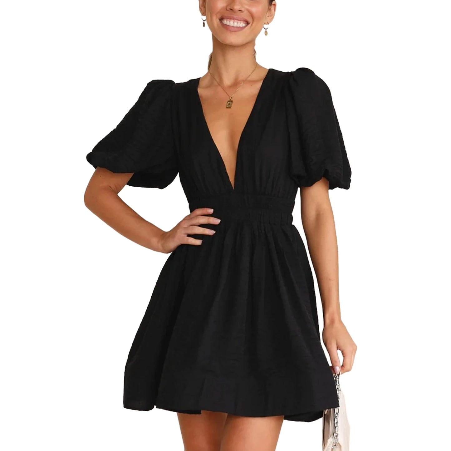 Women Summer Casual A-line Dress Solid Color Deep V-Neck