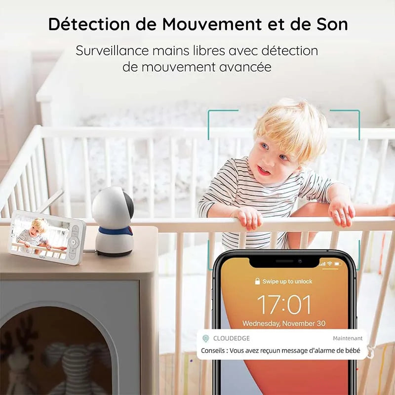 BOIFUN 1080P 5" Baby Monitor Camera, PTZ 355°Camera Baby Motion Monitoring and Automatic Tracking, Monitor and Smartphone - The Kings Lots