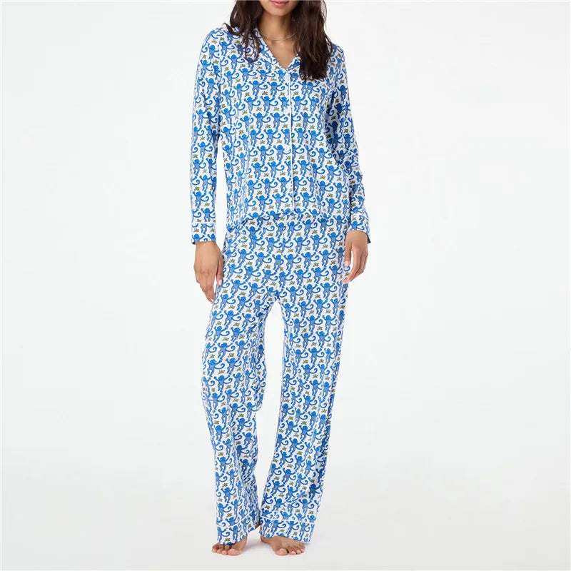 Roller Rabbit Monkey Pajamas Preppy Pjs Cute Pj Pants Sets For Women Y2k Long Sleeve Pajamas Set 2 Piece Loungewear - The Kings Lots