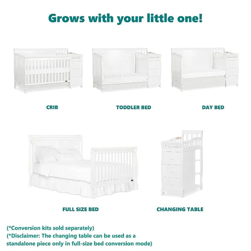 5 In 1 Brody Convertible Crib With Changer In White, Greenguard Gold Certified, Comes With 1" Changing Pad, Non-Toxic Finish - The Kings Lots
